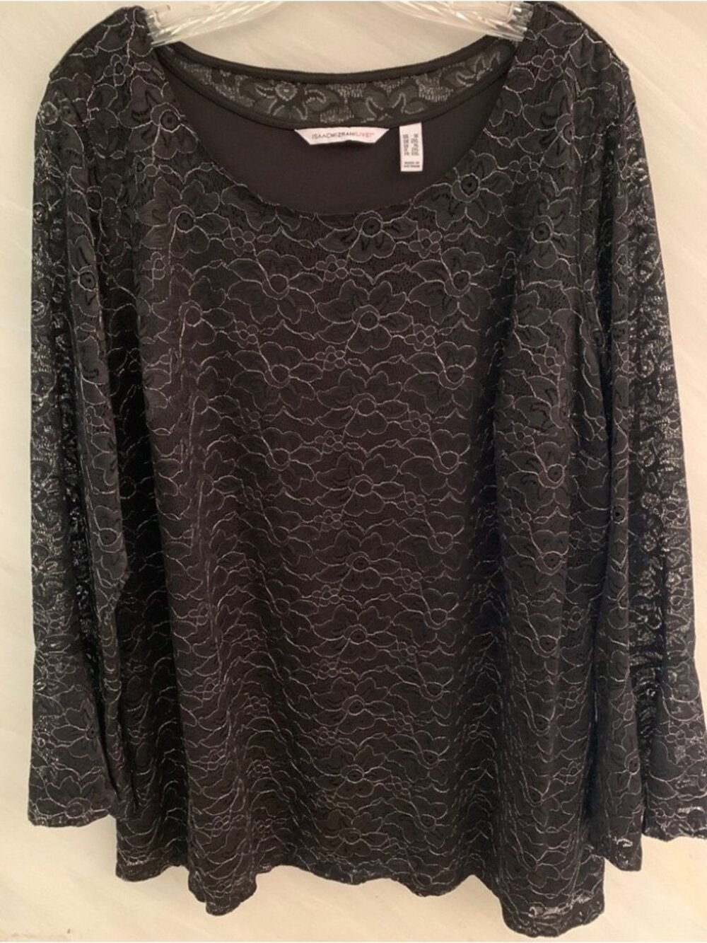Metallic Lace Bell Sleeve Black Blouse